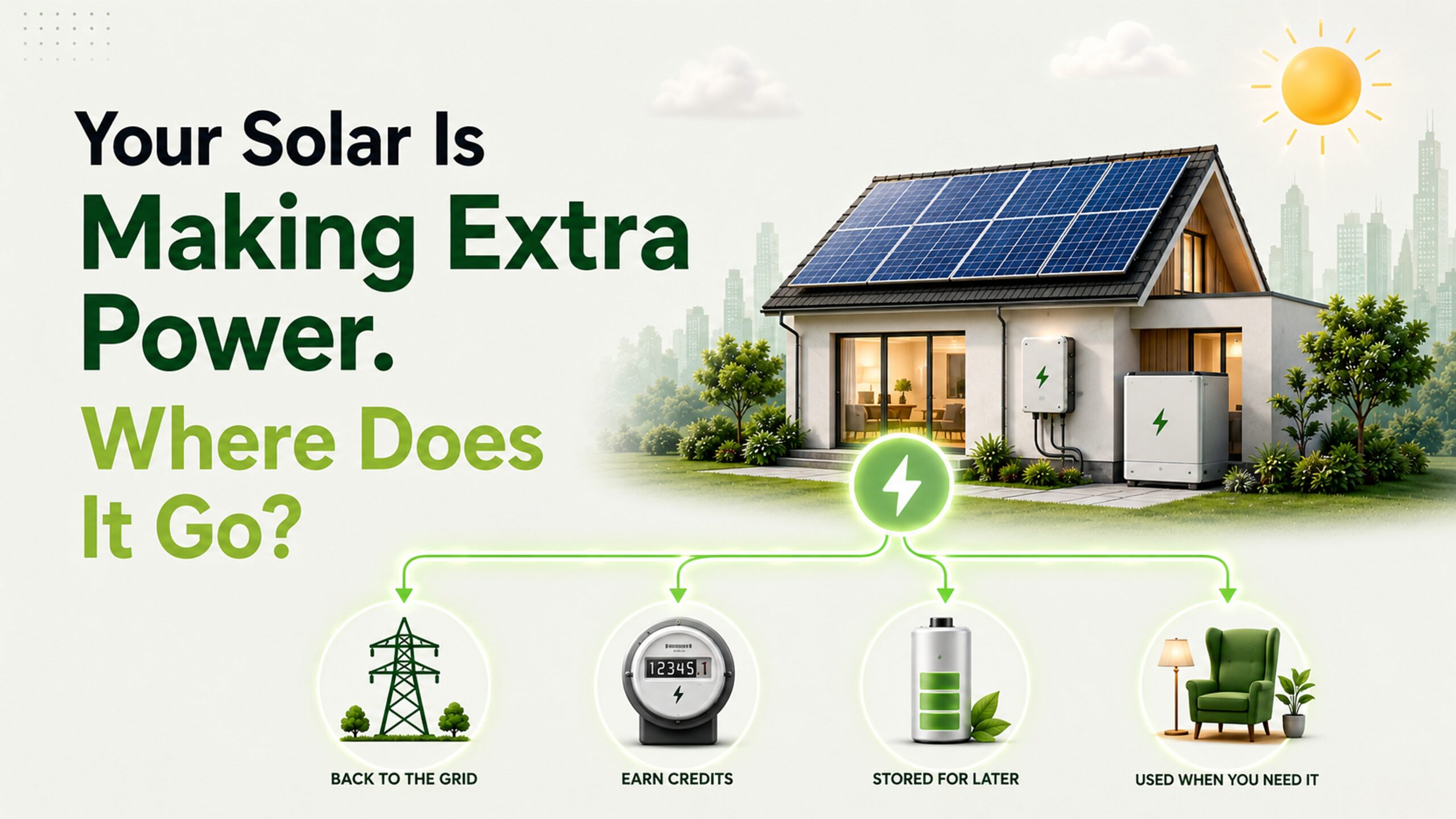 Blog banner for our blog "What happens when solar panels makes more energy than we use"